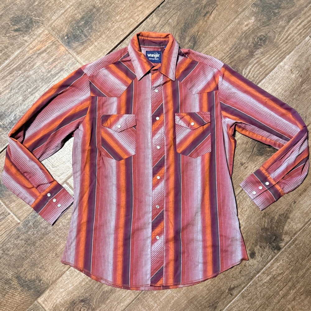 Wrangler Western VTG Mens Striped Single Stitch Pearl Snap Shirt, Orange Red, M